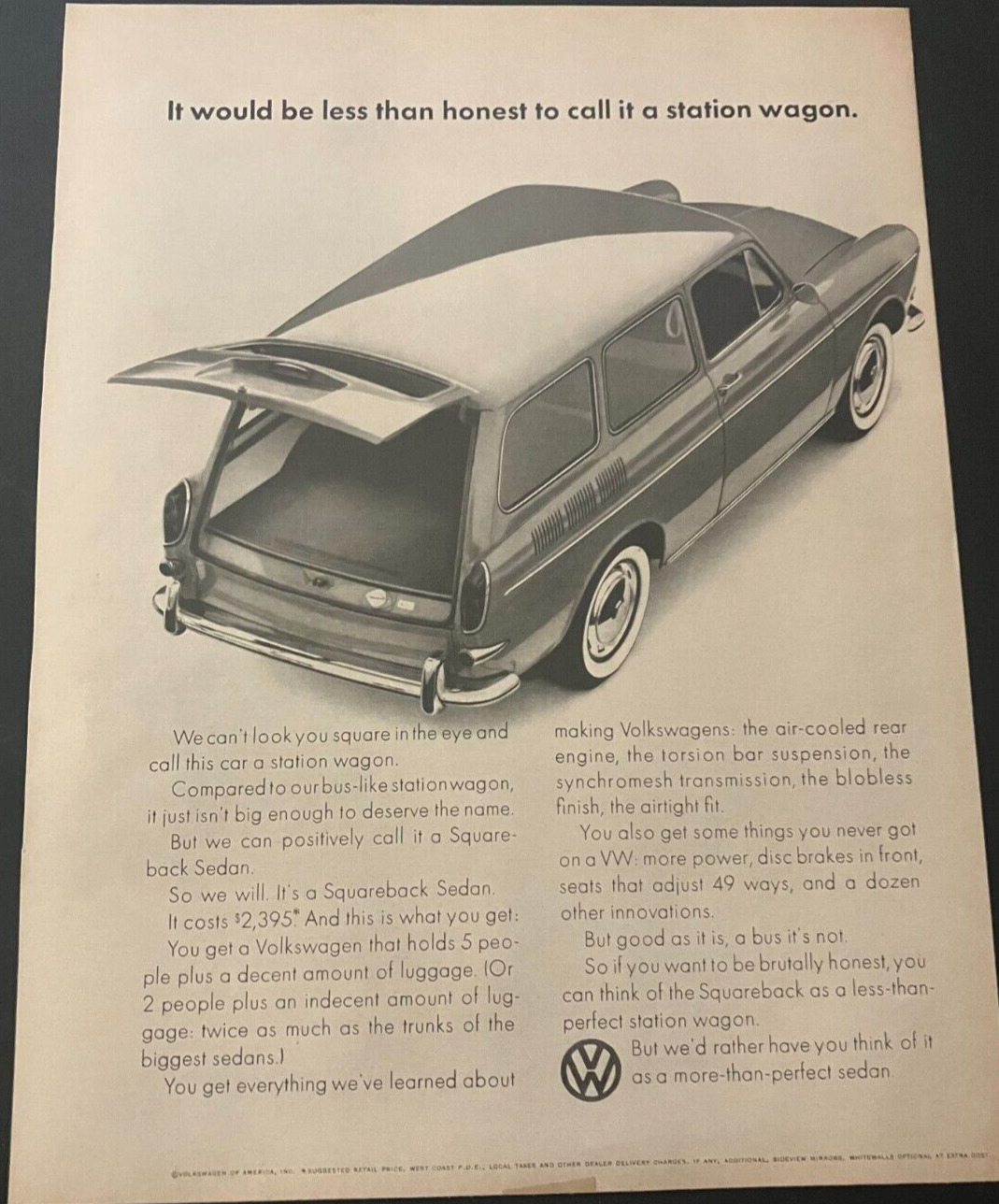 1965 VW Volkswagen Squareback Sedan - Vintage Original Print Ad / Wall Art CLEAN