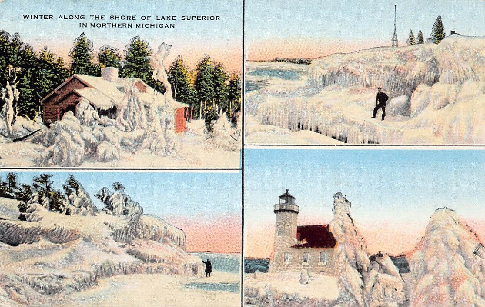 Lake Superior Upper Peninsula MI Michigan Winter Blizzard Snow Vtg Postcard C56