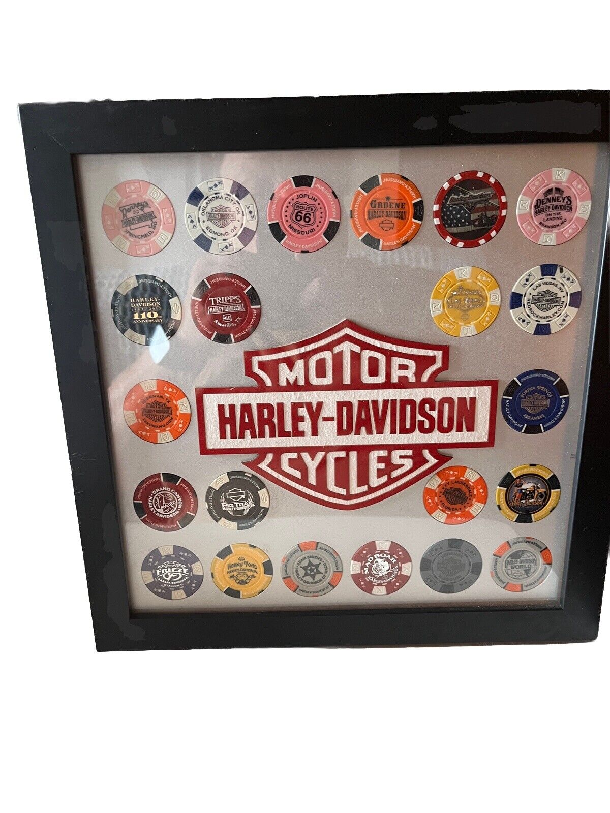 Lot of 22 Harley Davidson Poker Chips With  Harley Davidson Display Excellent