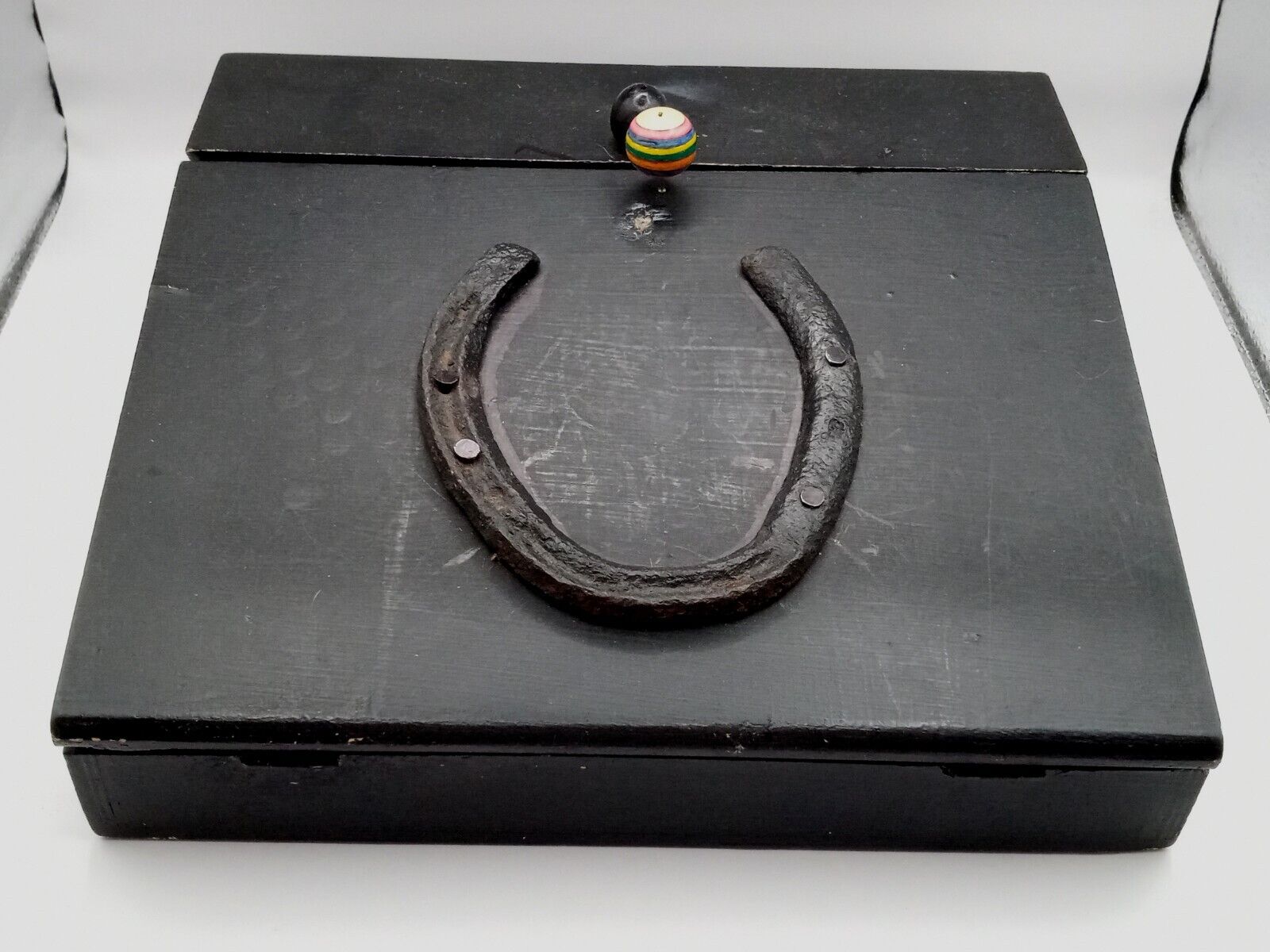 Vintage Hand Made Black Slant Top Lap Desk, Catch All Box With Forged Horse Shoe