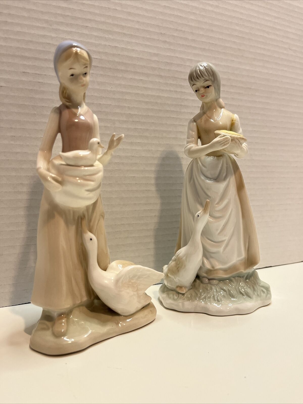 2 Vintage Glazed Porcelain Figurine in Lladro Style Girl With Geese Beautiful