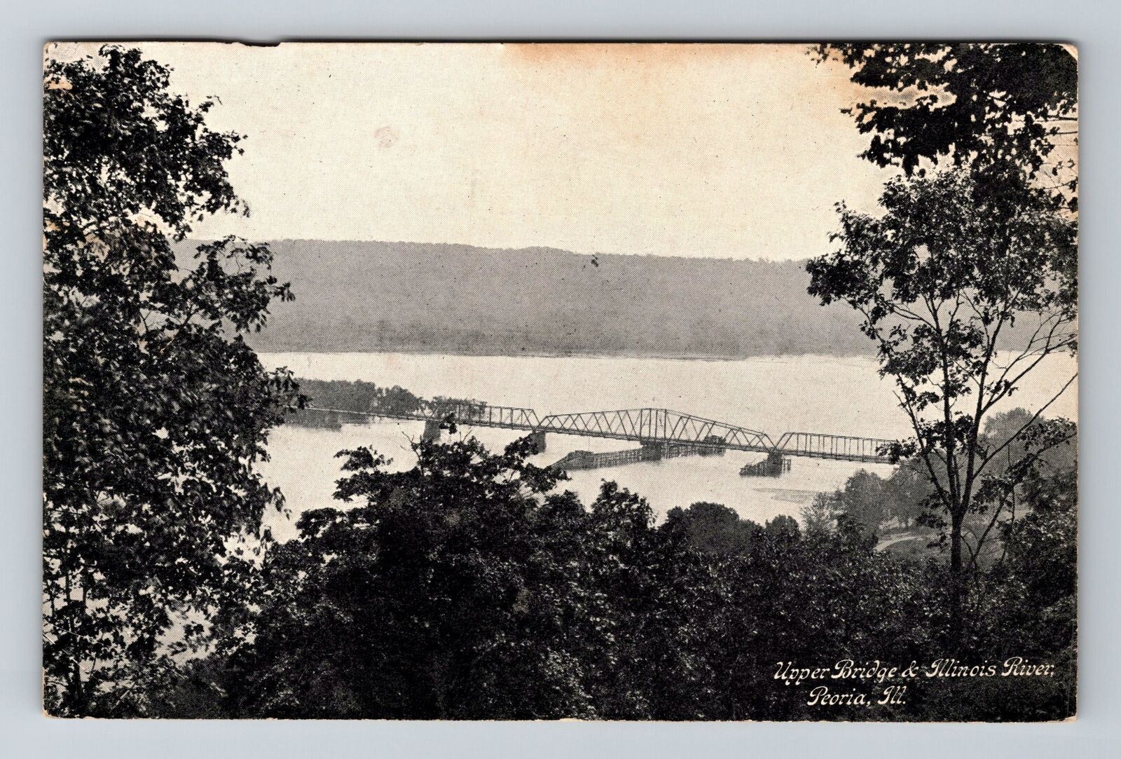 Peoria IL-Illinois, Upper Bridge & River, Behind the Trees, Vintage Postcard