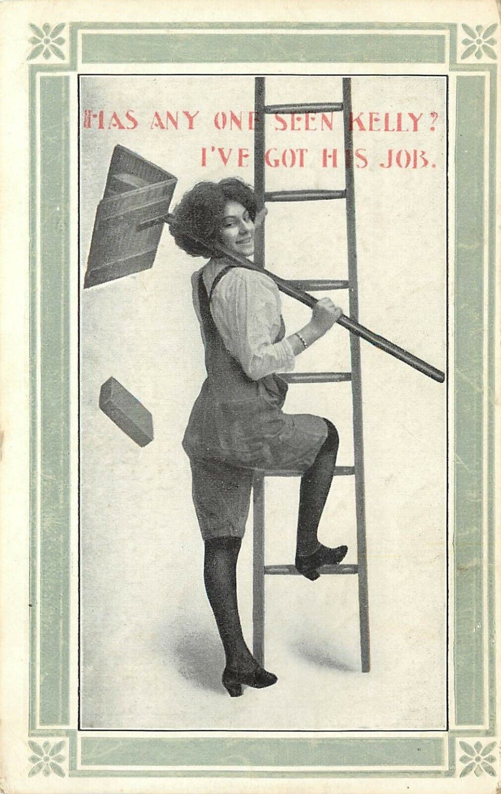 c1910 Social Issues Postcard Smiling Woman Bricklayer Took A Man\'s Job, Posted