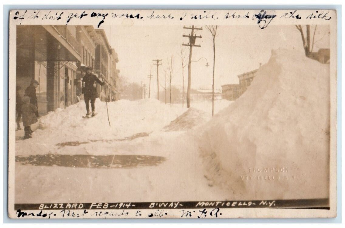 1914 Winter Blizzard Snow Skis Scene Monticello New York NY RPPC Photo Postcard