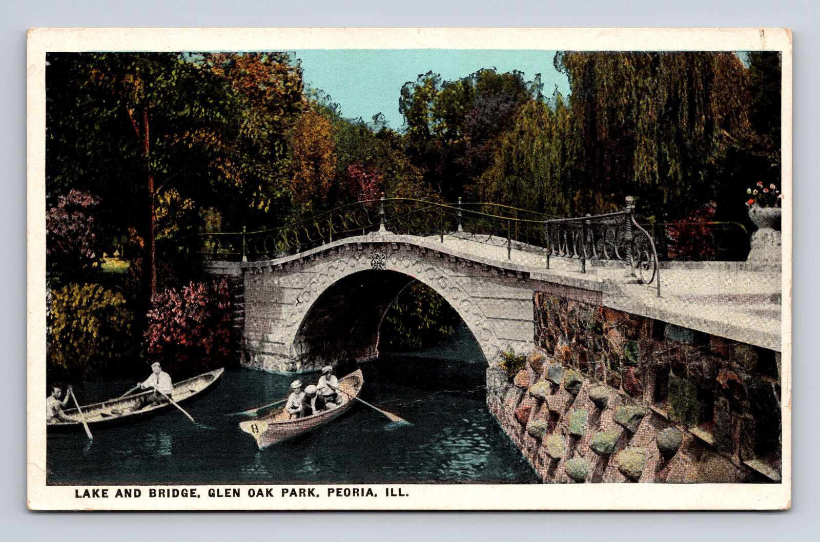 WB Postcard Peoria IL Illinois Glen Oak Park Lake & Bridge Row Boats