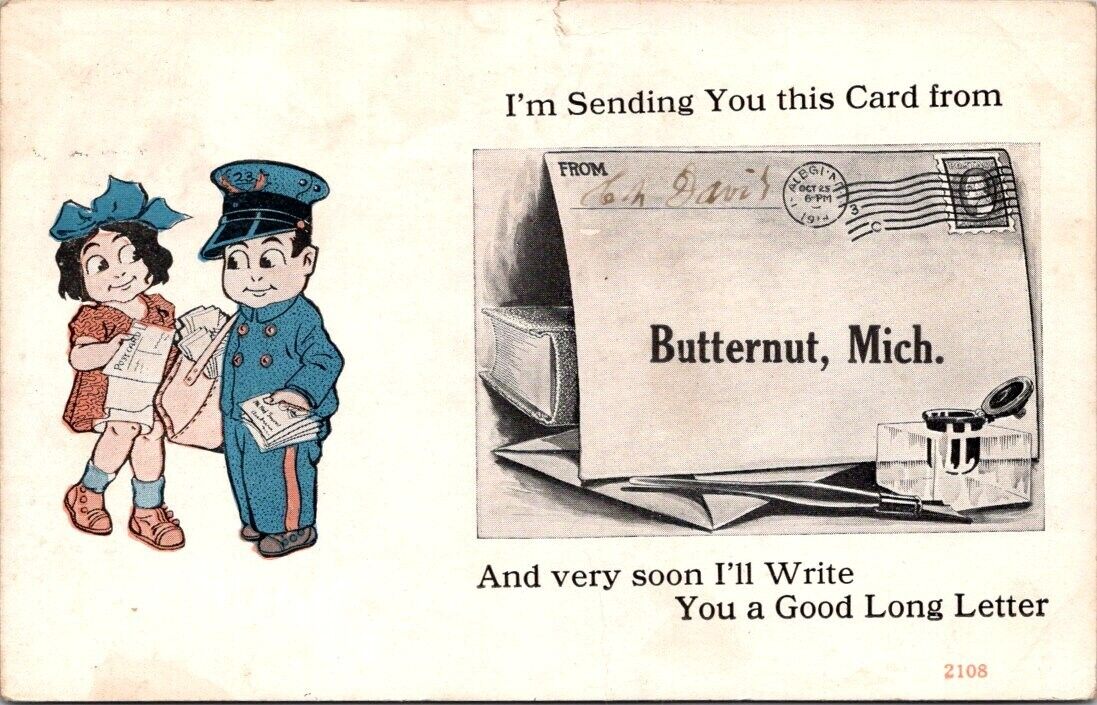 Butternut MI Greetings Messenger Mailman Delivery c1910 postcard DP4