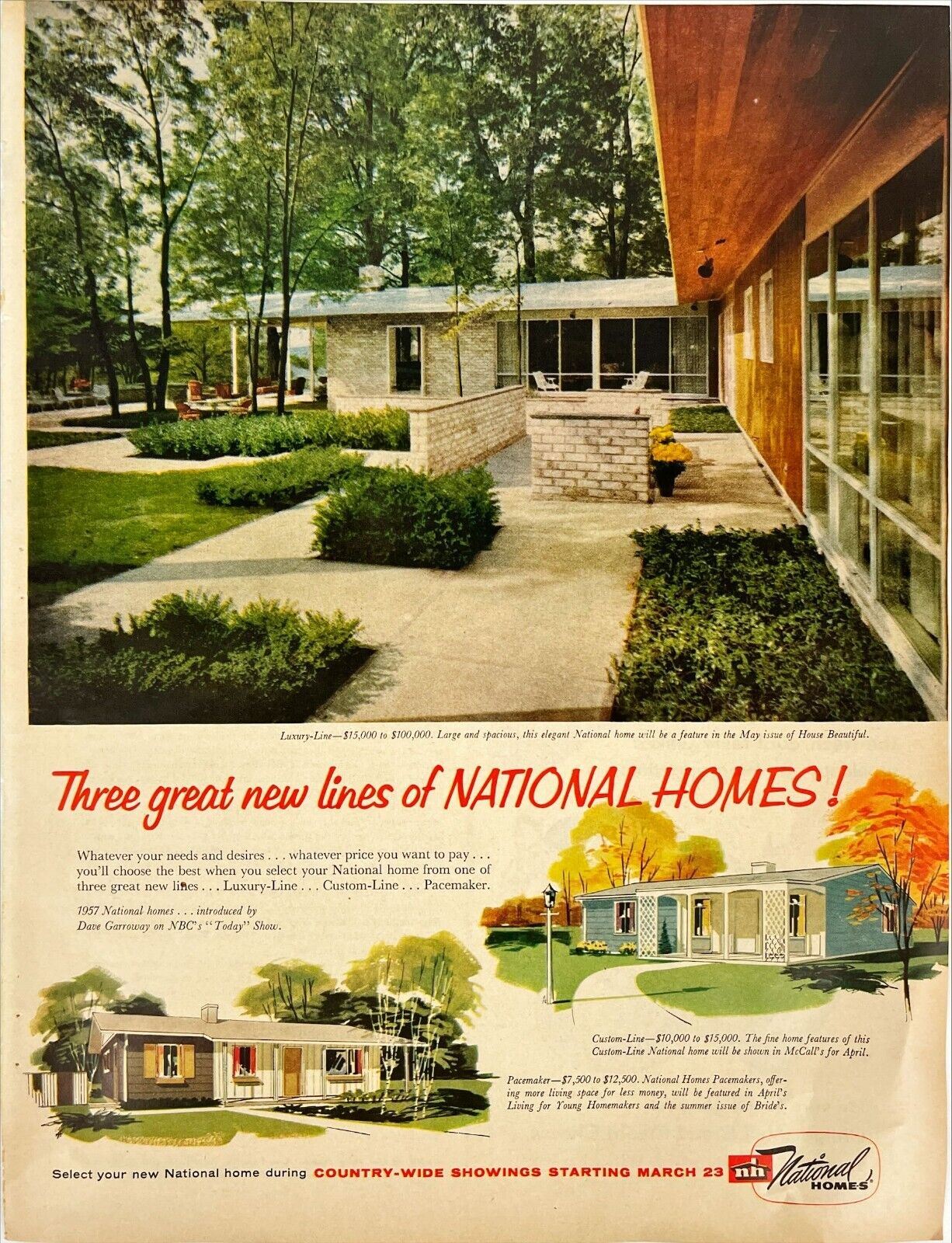 National Homes Mid Century House Designs Architecture Vtg Print Magazine Ad 1957