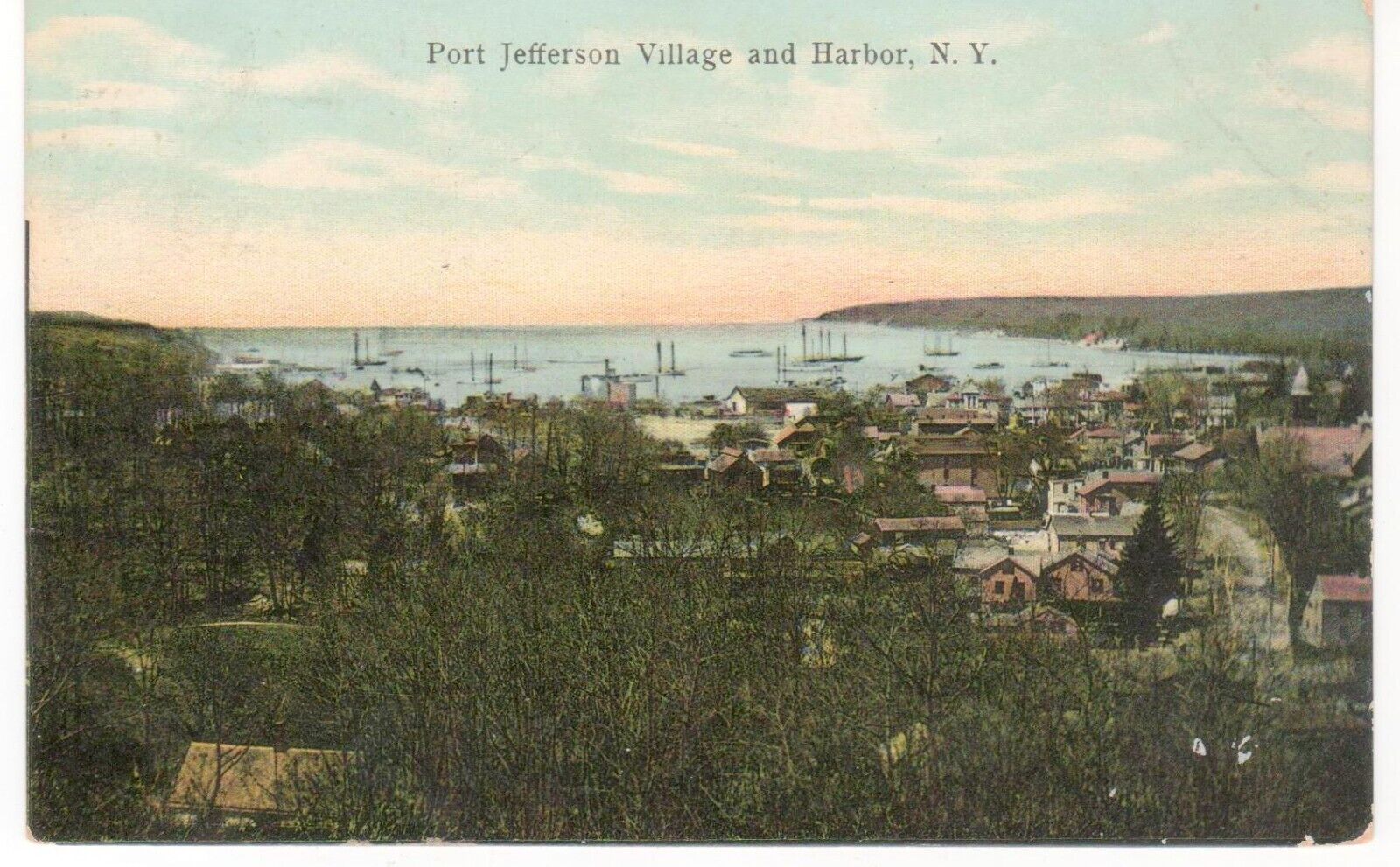 View Village & Harbor Port Jefferson LI NY 1911 Bird's Eye Color post card
