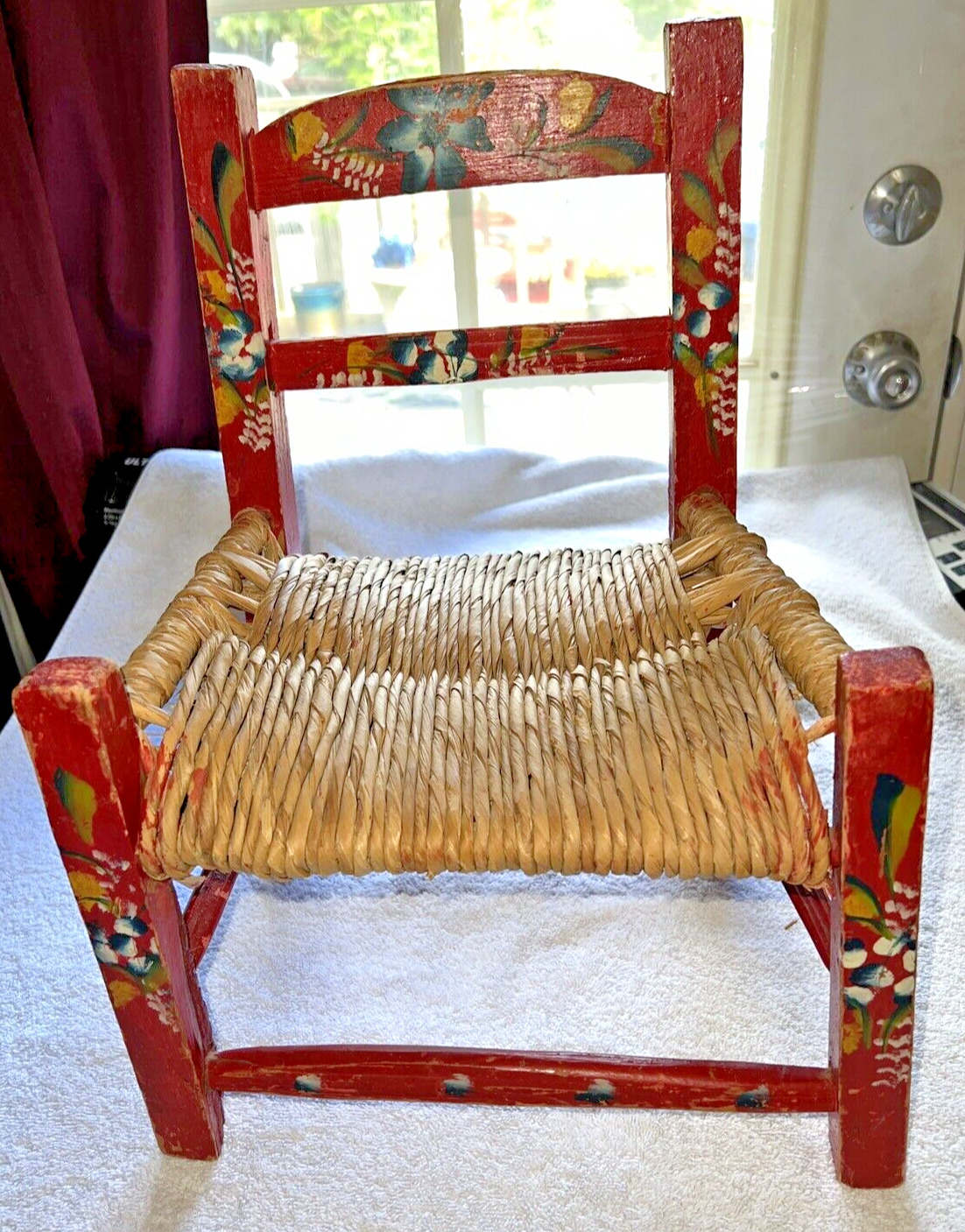 Vintage Mexican Folk Art Child/Doll Chair Red Handmade Hand Painted w/ Flowers