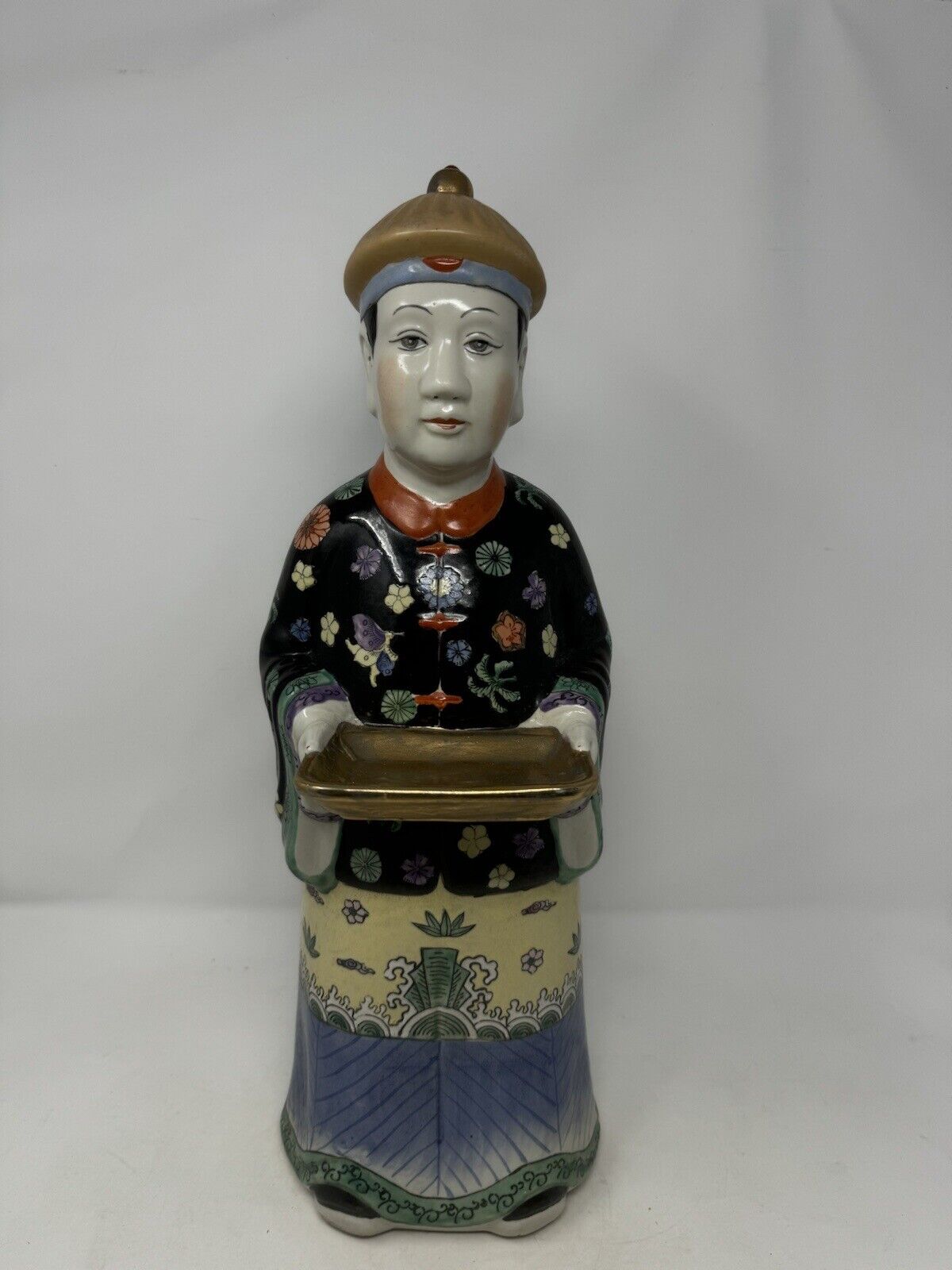 asian man statue large 18” floral robe holding serving tray heavy decor ceramic