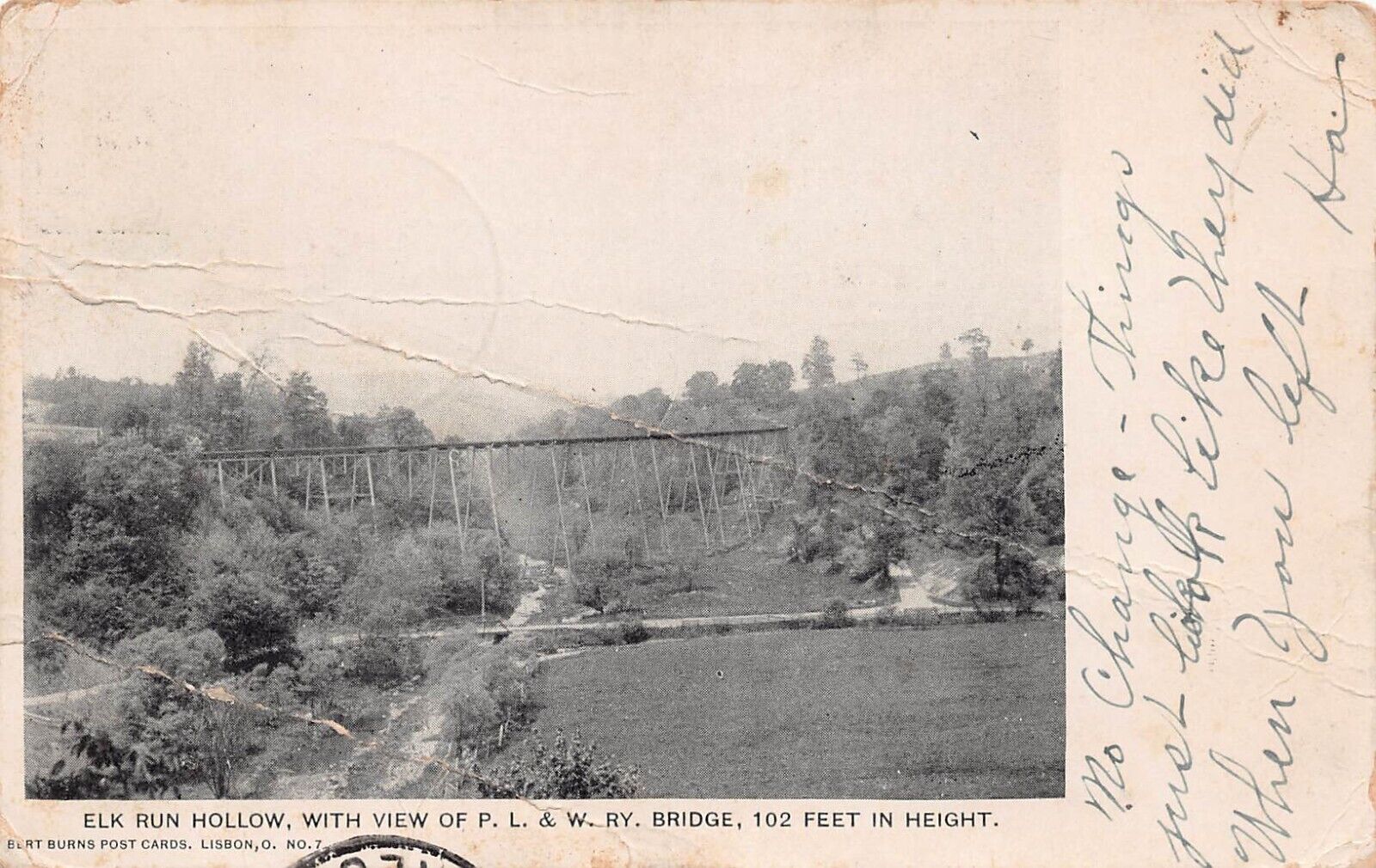 Lisbon Elkton OH Ohio Elk Run River Hollow Train Railroad Bridge Postcard C16