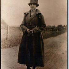 c1910s Lovely Lady Coat Glove Hat RPPC Dirt Road Woman Cute Girl Real Photo A260 picture