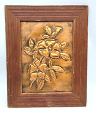 Copper Relief Wall Art Floral Hand Tooled Vintage Mid Century 1970's Wood Frame picture