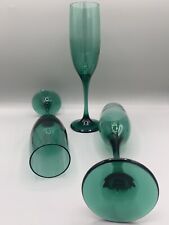 Set Of 3 Beautiful Vintage Juniper Green Stemmed Fluted Champagne Glasses . picture