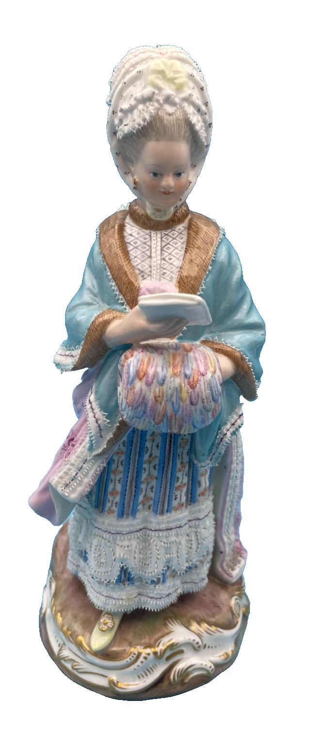 Beautiful Meissen Cross Swords Lady w/Race Card & Muff.  Read Main Description
