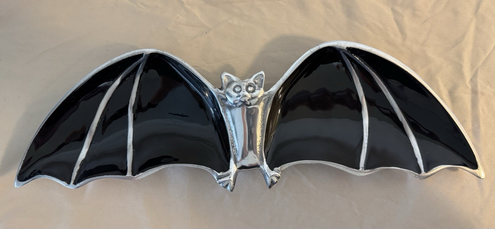 Metal Bat Trinket Candy Dish Goth Halloween Black & Sliver  Heavy Made In India