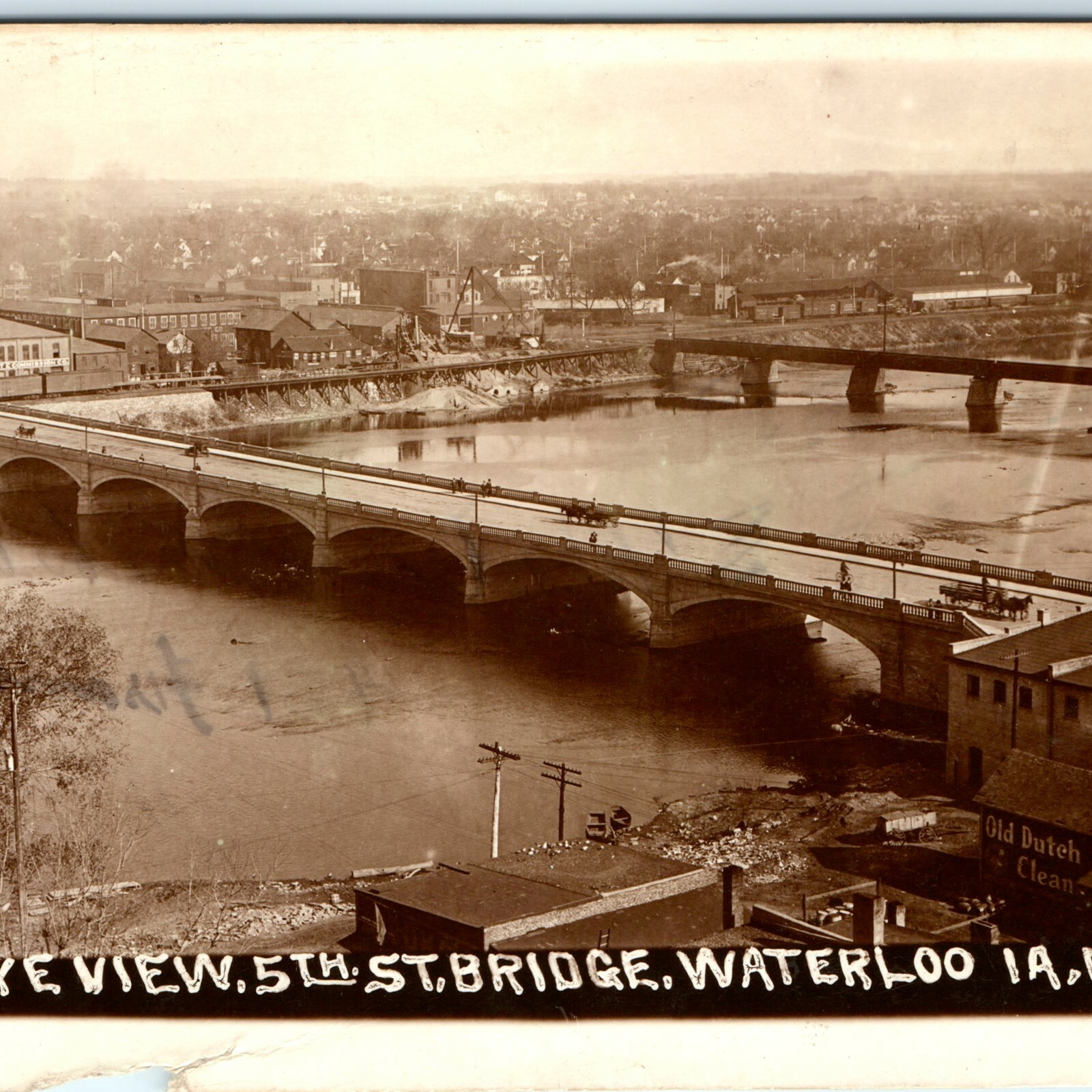 c1910s Waterloo, IA 5th St Bridge RPPC Bird\'s Eye Real Photo Carriage Postcard