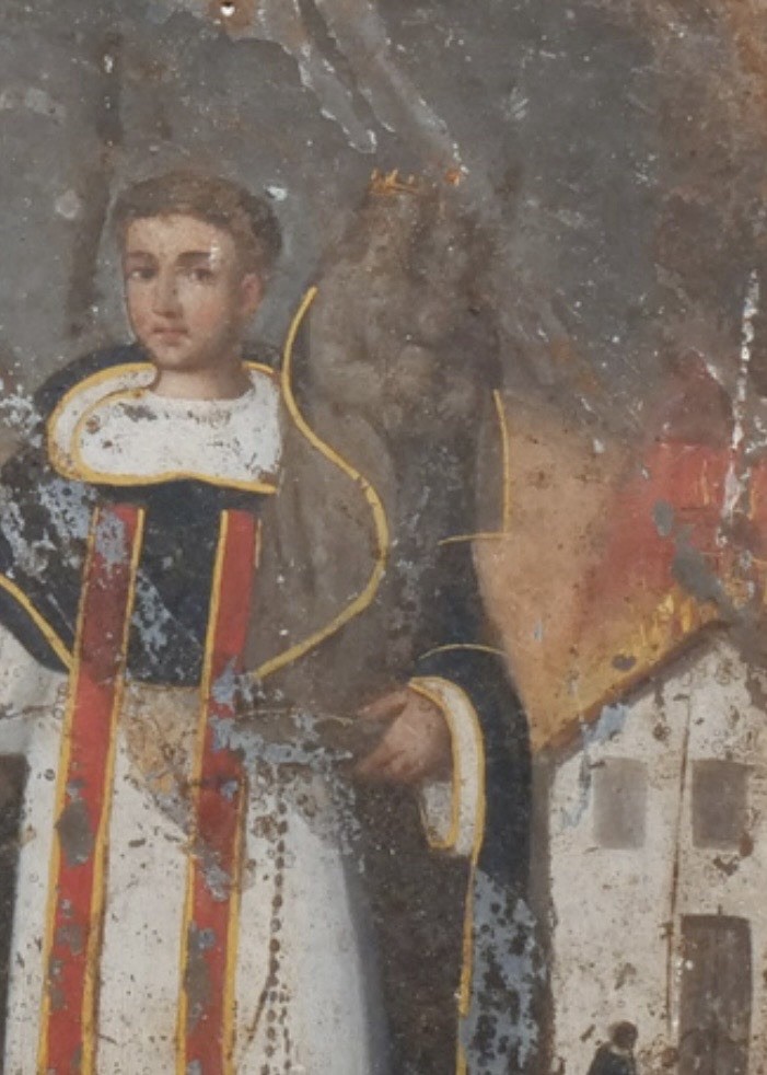 Large 14” x  10” Antique Painting on Tin, Retablo,  of  Saint Jacinto de Polonia