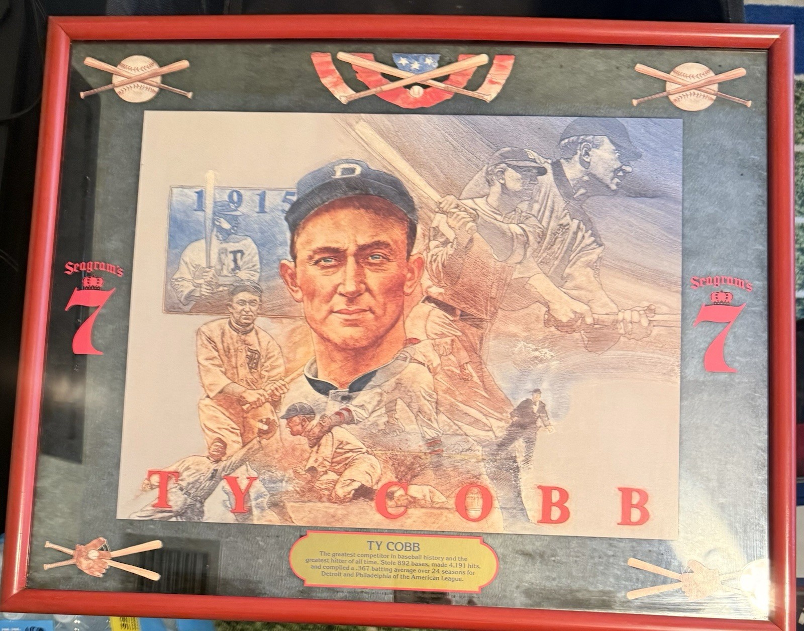 Vintage Seagram’s 7 Ty Cobb Baseball Advertising Mirror 17x21 Mirro-Dynamics Bar