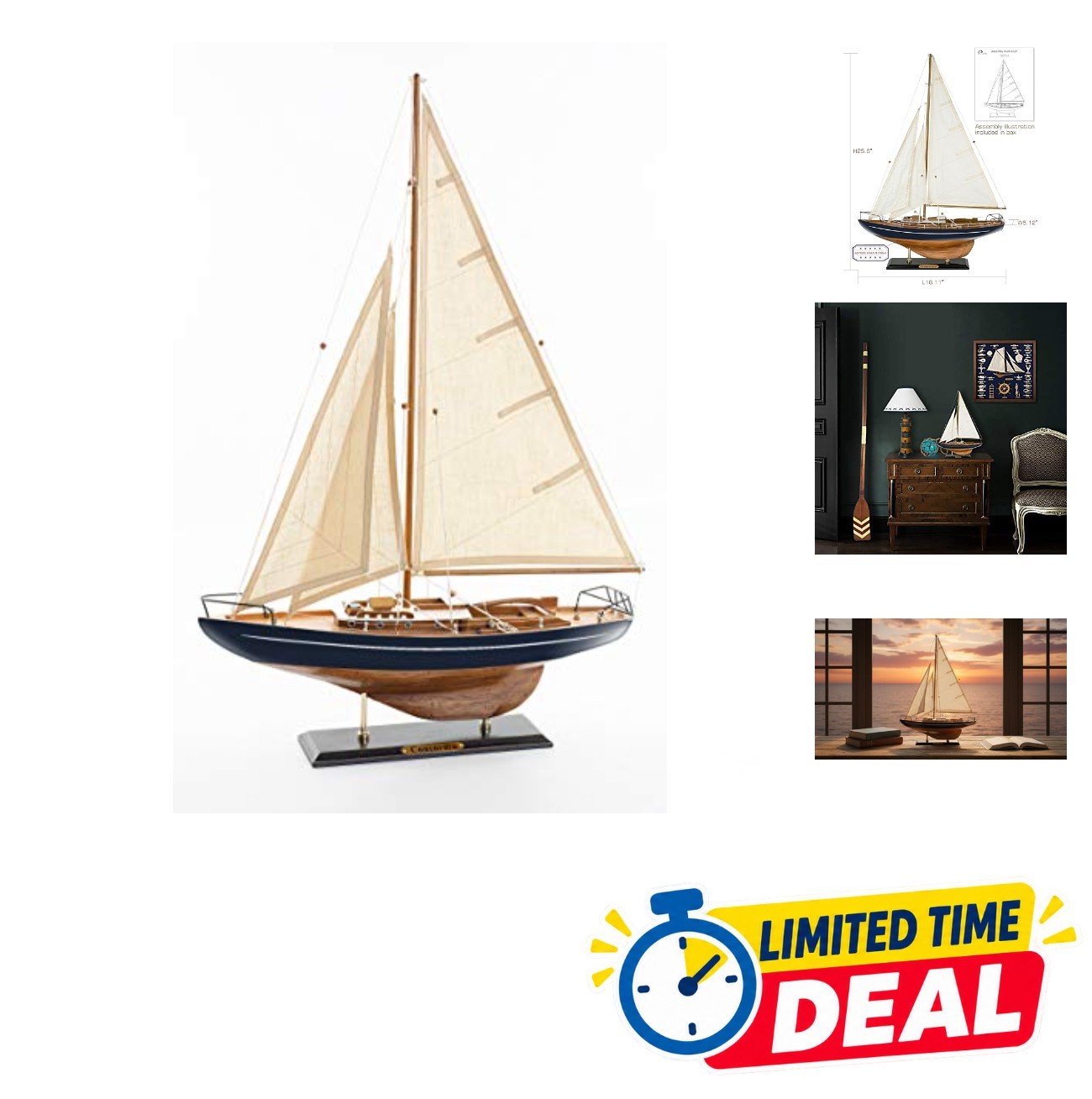 Wooden Sailboat Model Ship 18 Inch Tall Navy Walnut Antique Finish Nautical