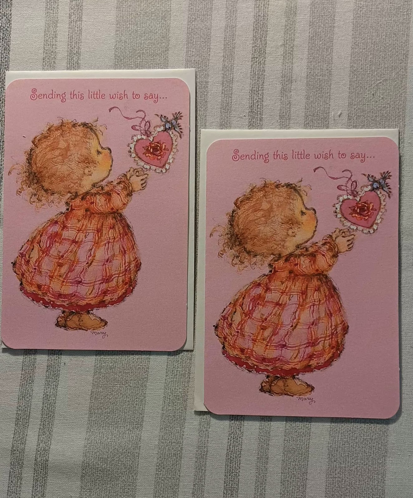 vintage NOS greeting card Valentine Mary Hamilton little girl pink Heart Bird