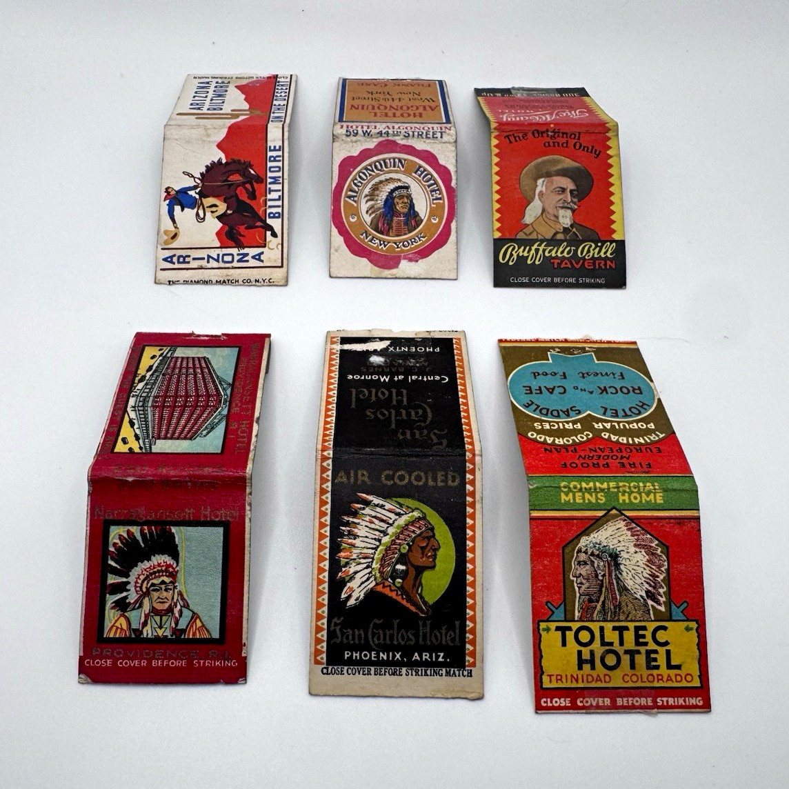 6 Vintage Hotel Matchcovers Buffalo Bill Algonquin Arizona Biltmore Cowboy Lot