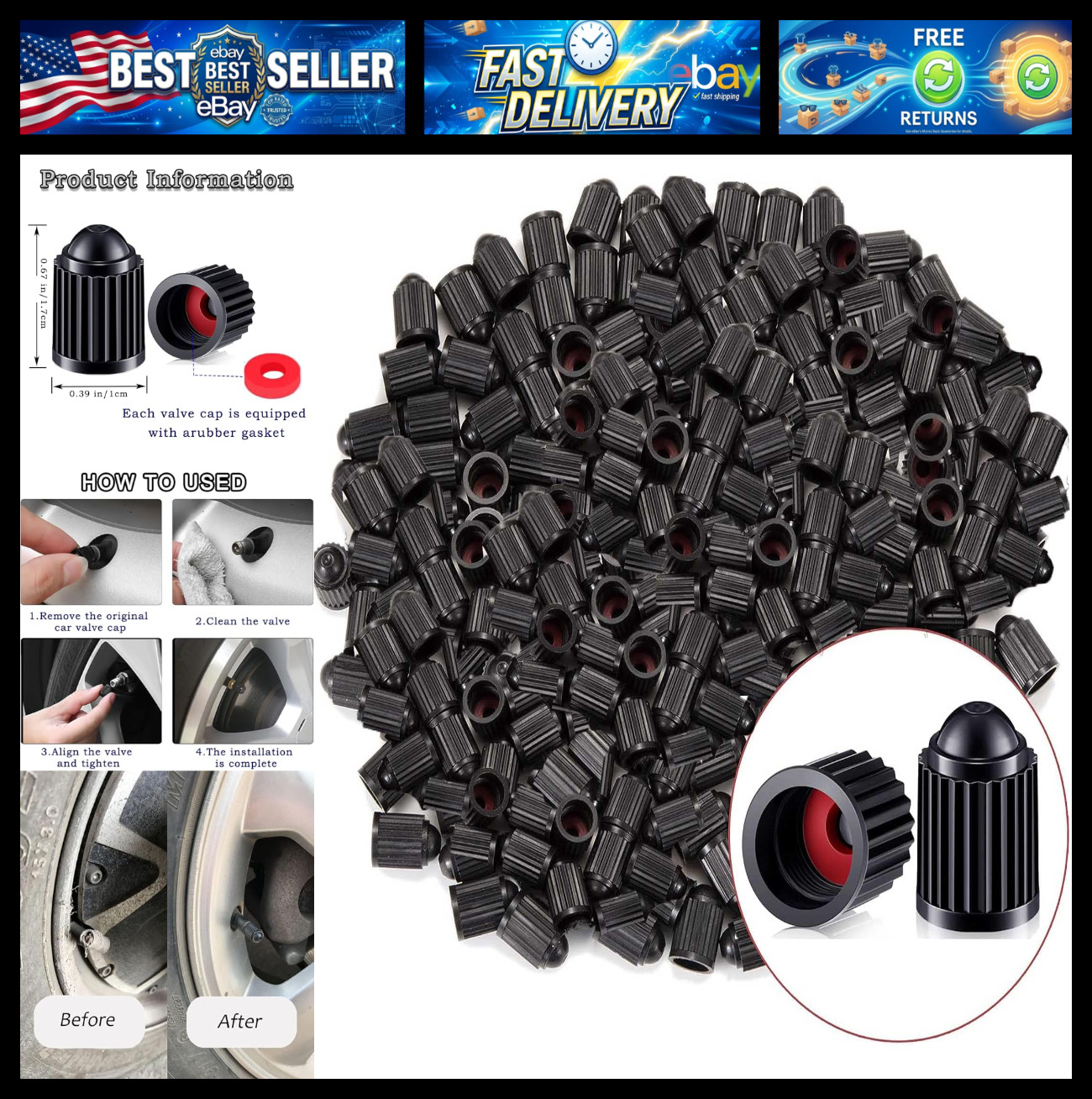1000Pcs Tire Valve Stem Caps Z-oneMart Plastic Black Tire Valve Cap for car