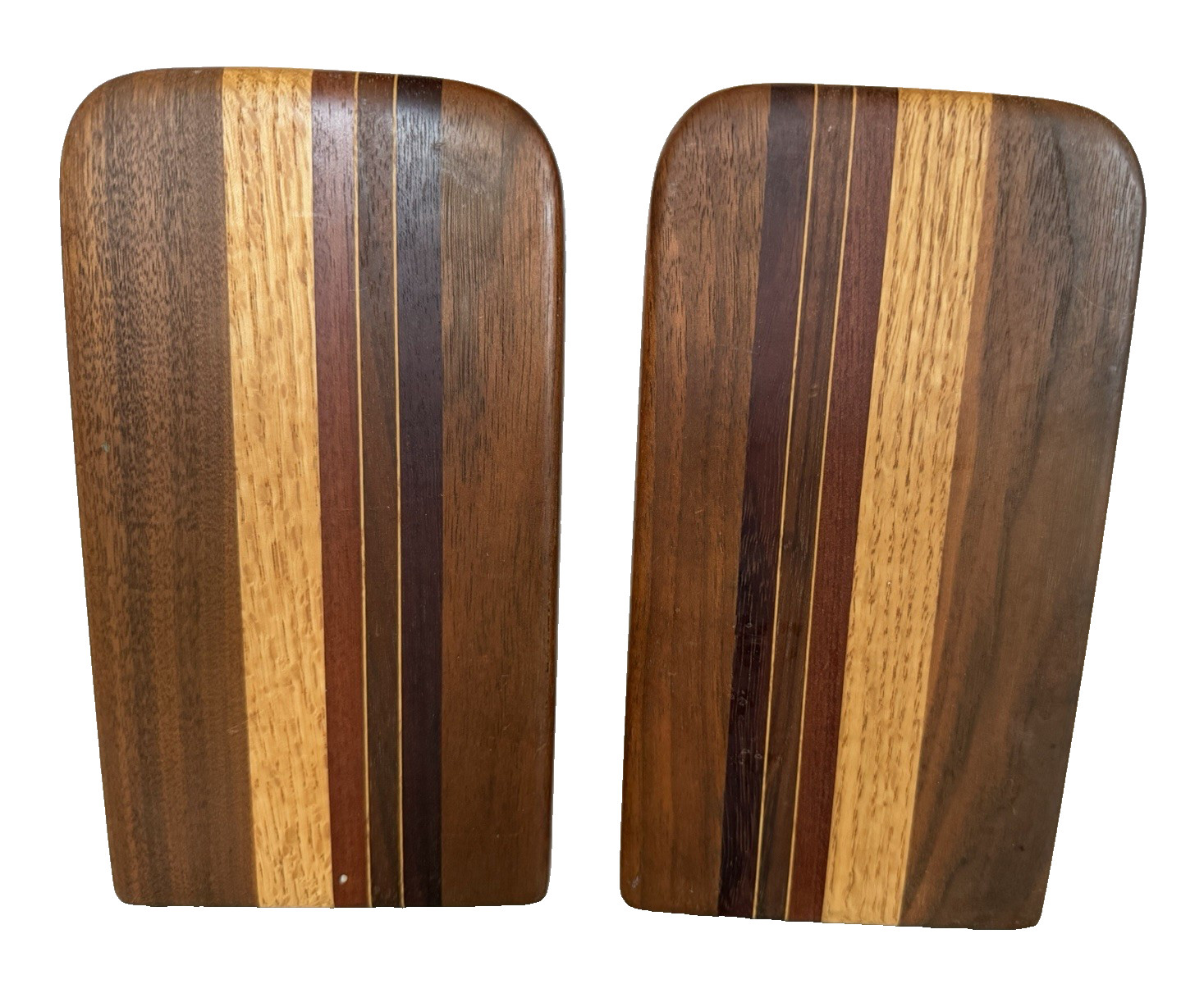Vintage Pair Of Mid Century Modern Mixed Wood Inlaid Bookends Striped Wood Grain