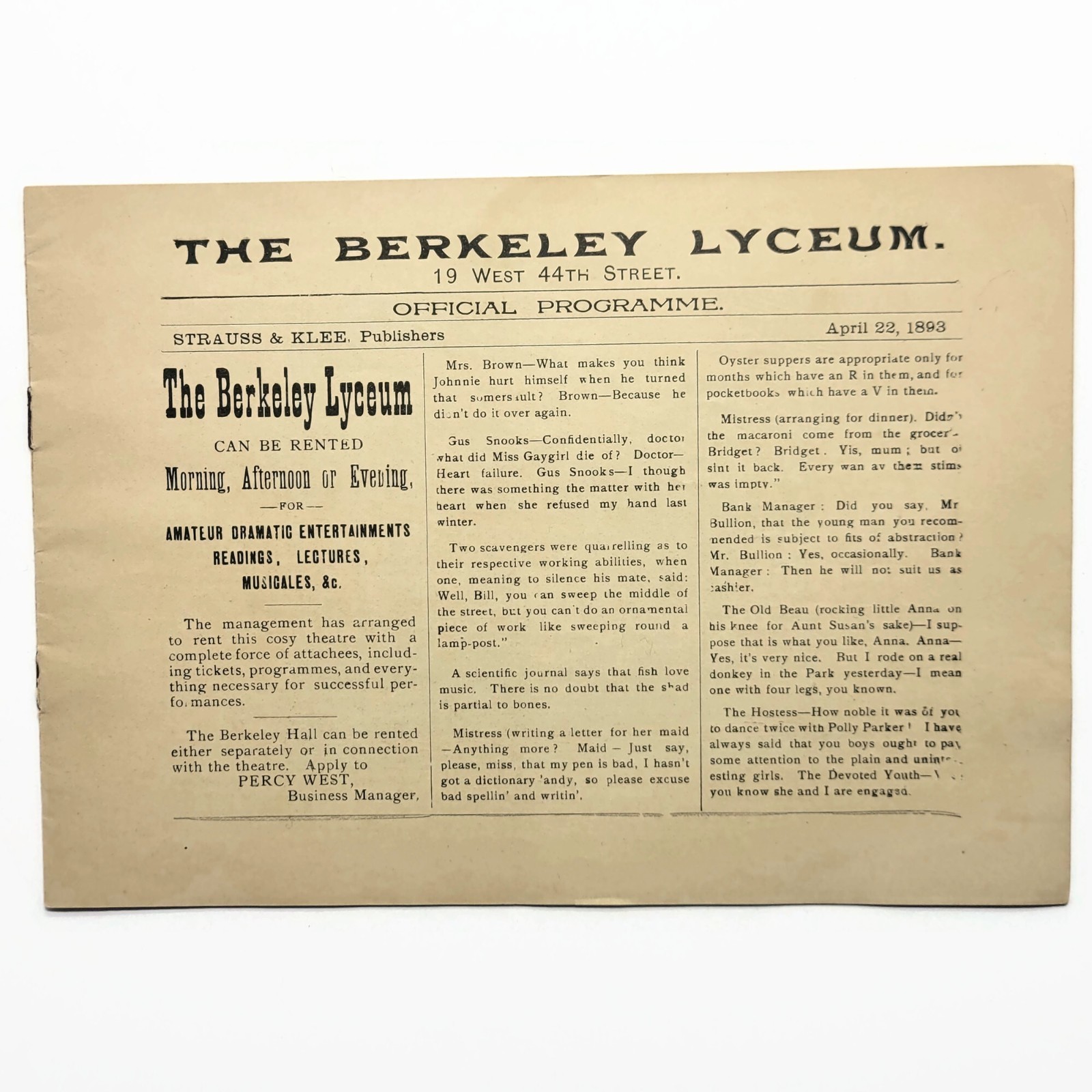 Antique 1893 The Berkeley Lyceum Theatre Program Manhattan New York NYC Ephemera