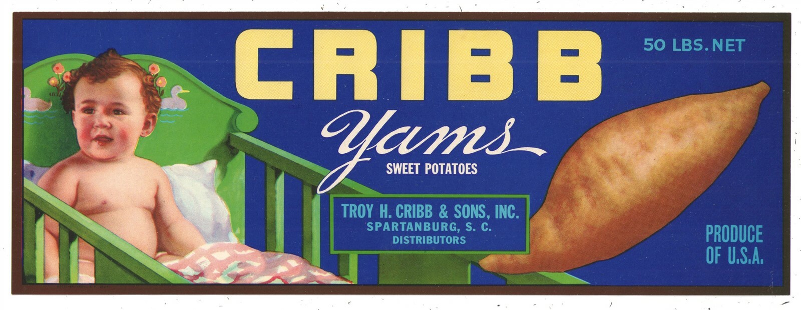CRIBB {BABY in CRIB} YAMS ANTIQUE PAPER CRATE LABEL SPARTENBURG SC UNUSED