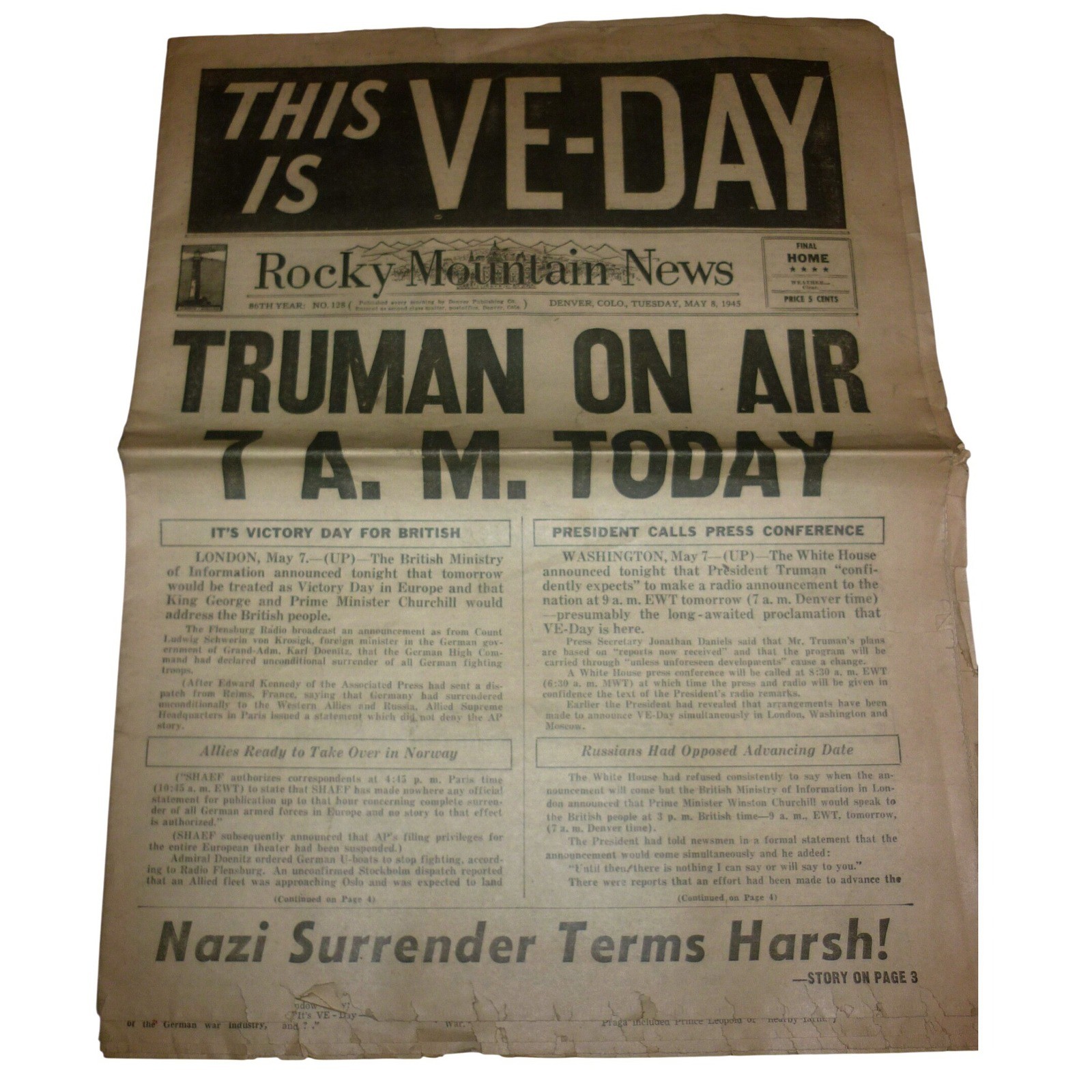 1945 Rocky Mountain News Newspaper V-E Day Truman Nazi Surrender WWII May 8