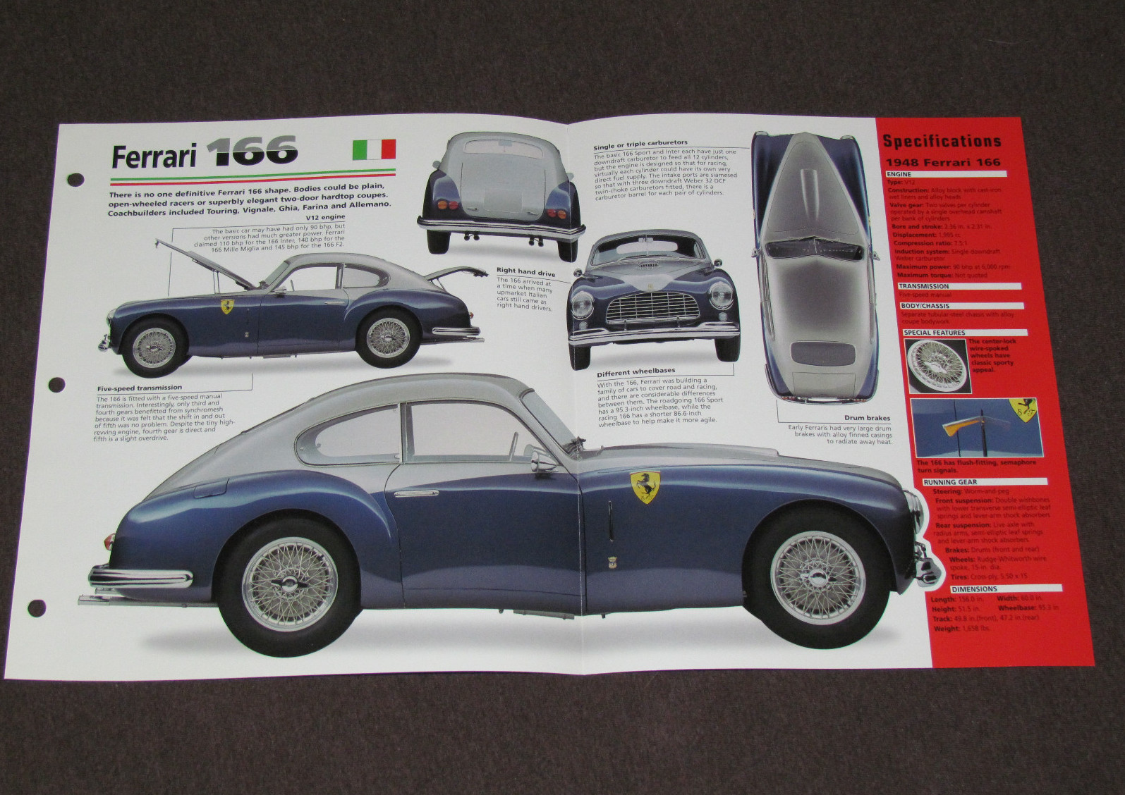 1948-1953 FERRARI 166 Car SPEC SHEET BROCHURE PHOTO BOOKLET
