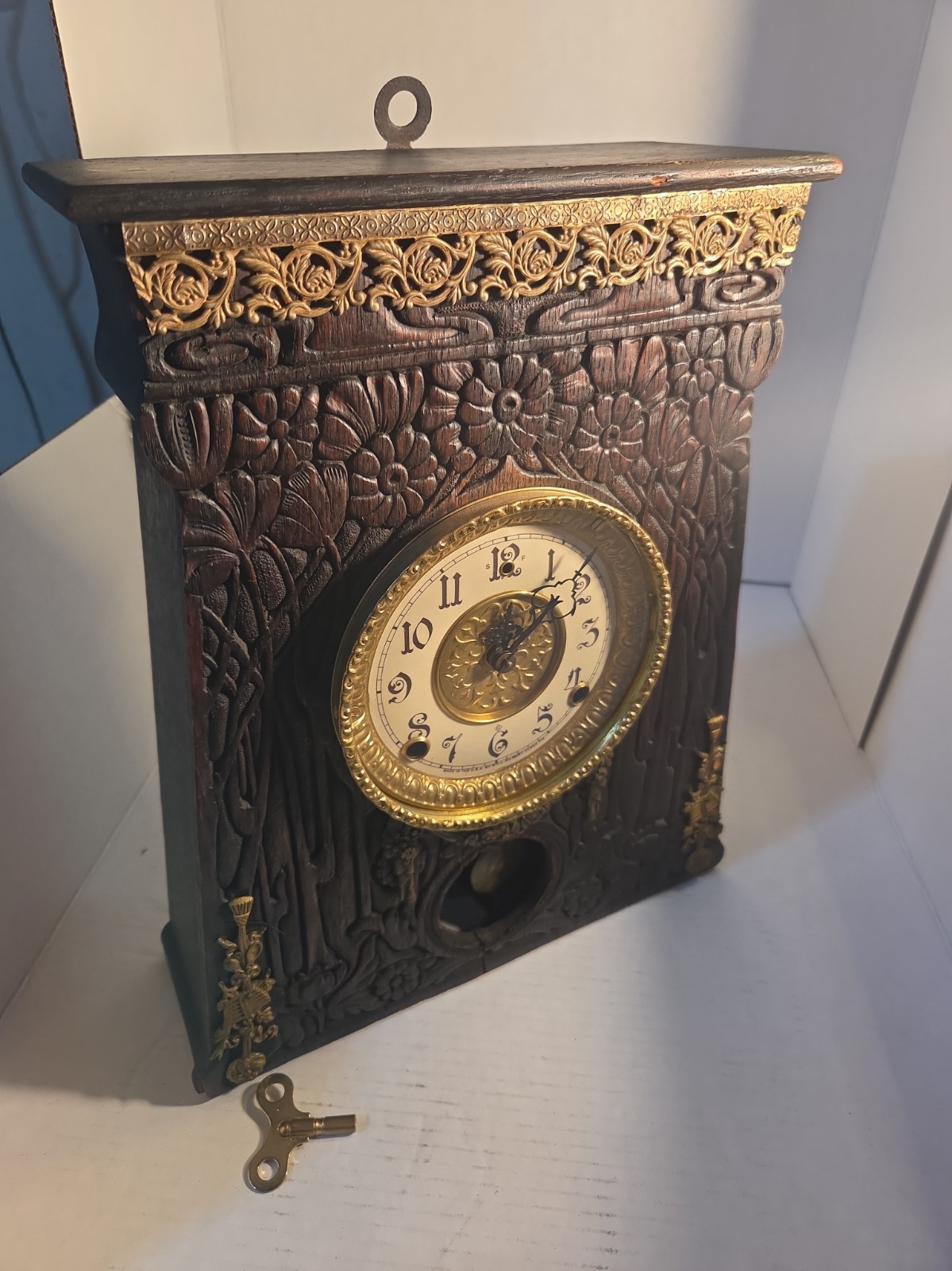 Antique c1900 Wm L Gilbert Mantel Clock, time strike pendulum key working Ornate