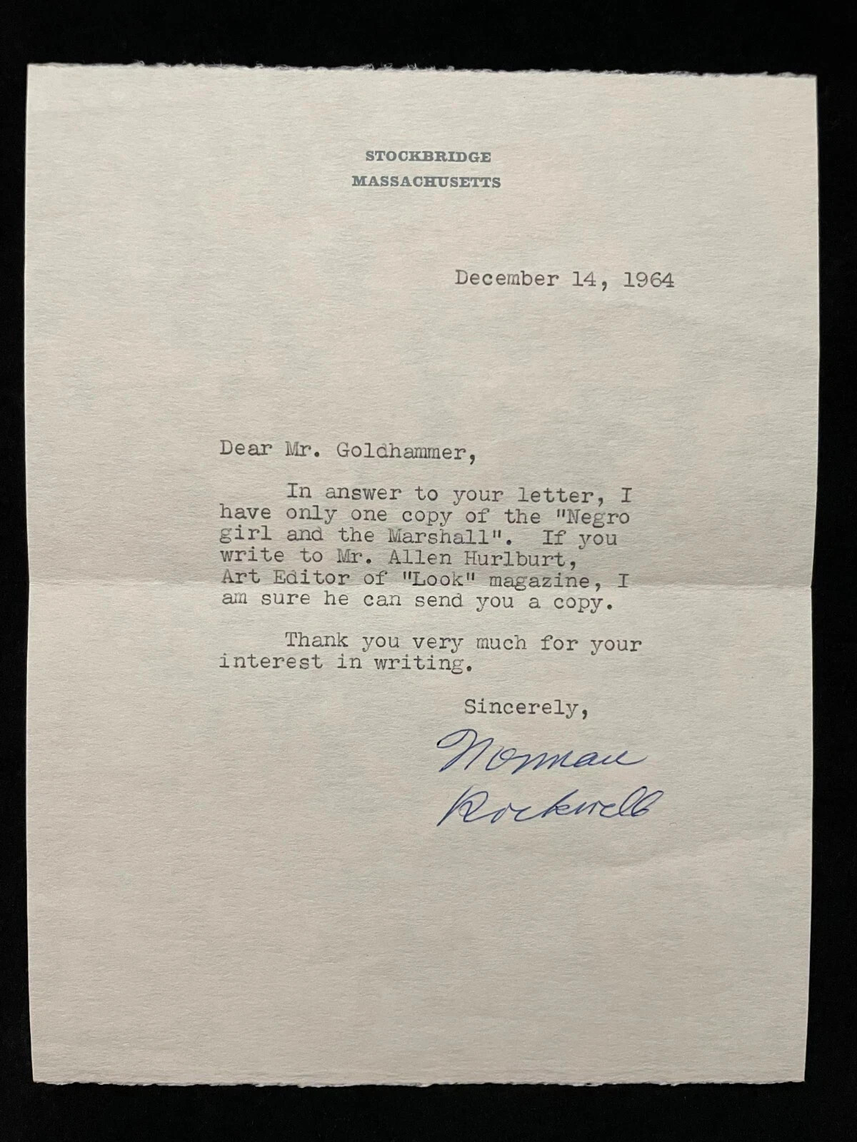 Norman Rockwell Typed Letter Signed - The Problem We All Live With- Ruby Bridges