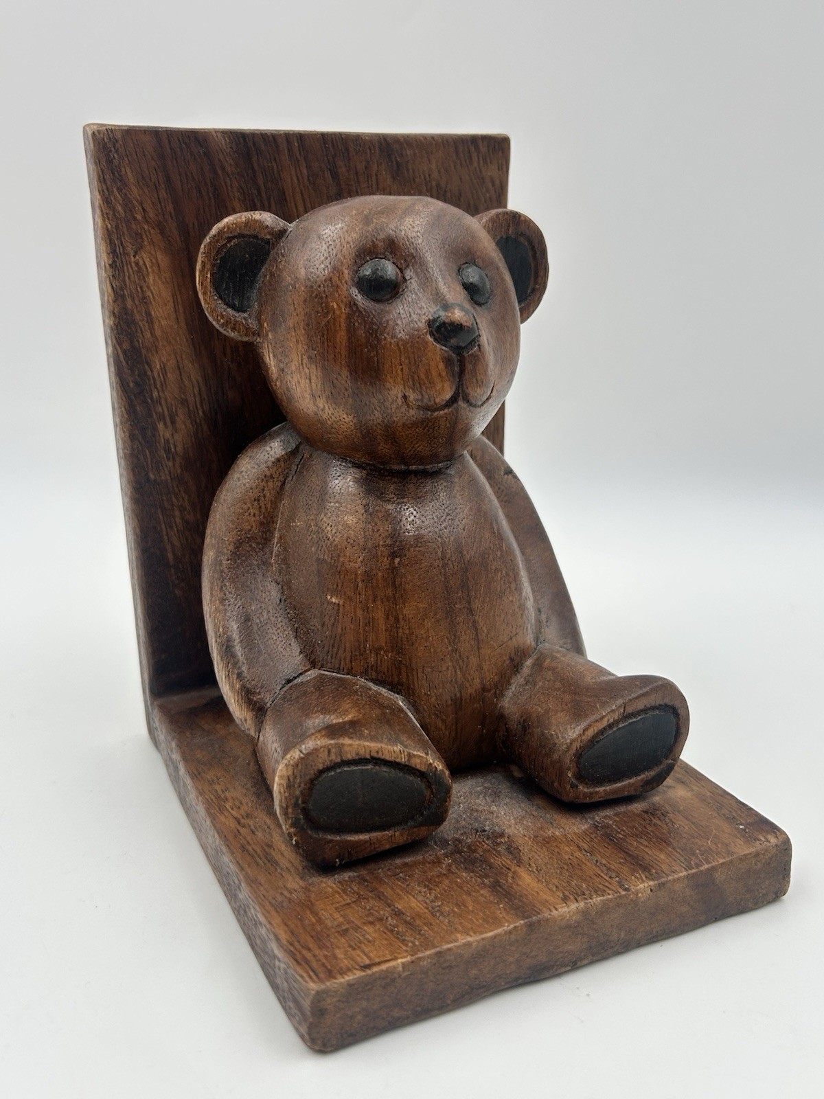 Vintage Wooden Teddy Bear Bookend Hand Carved Folk Art Decor