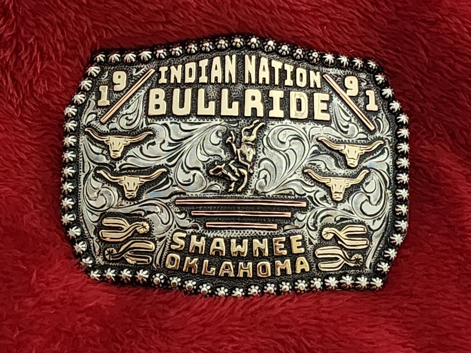 Indian Bull Riding Rodeo Champion Trophy Buckle☆SHAWNEE OKLAHOMA☆1991☆Rare☆357