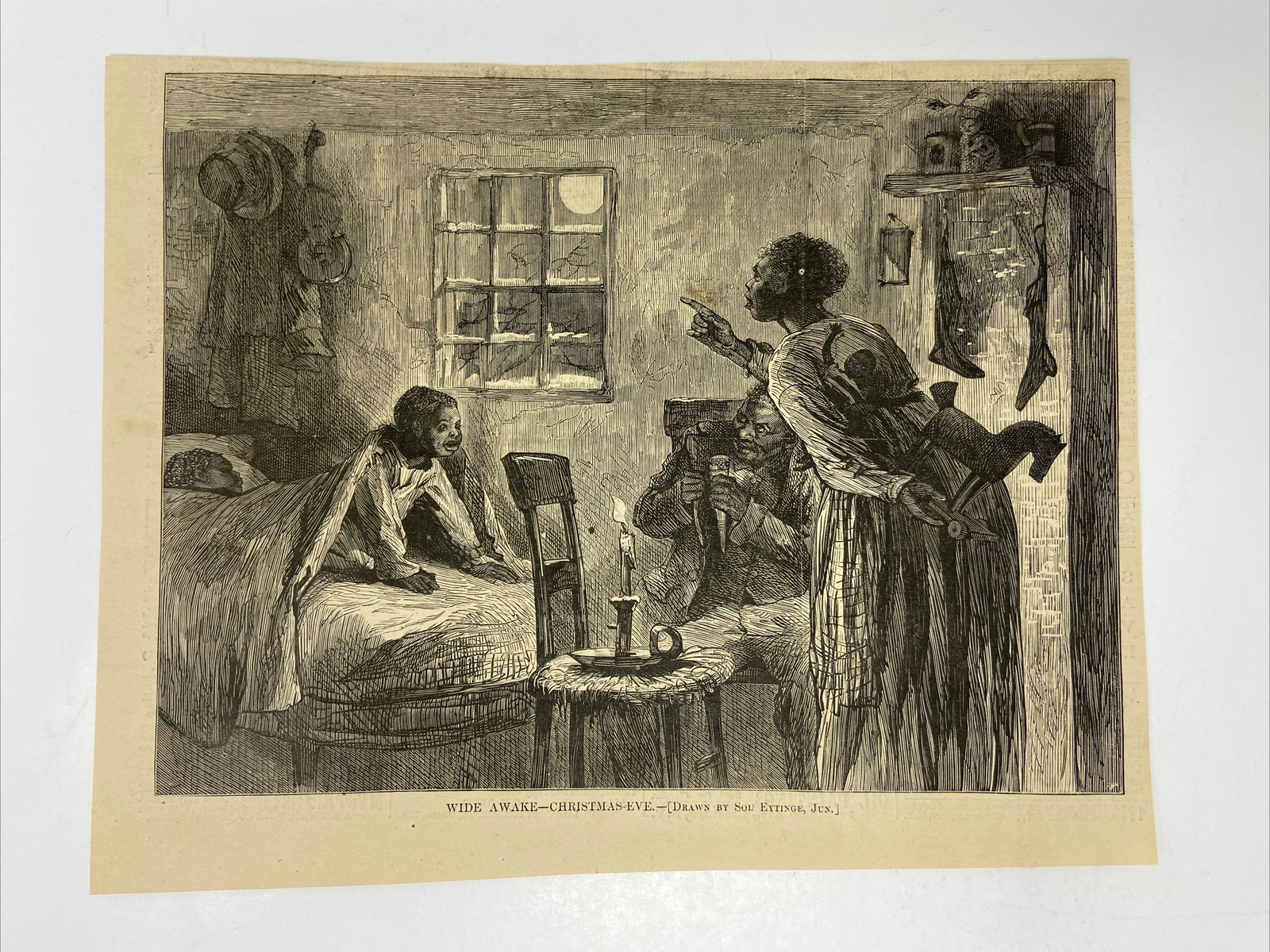 1872 Black Americana Engraving Wide Awake Christmas Eve Harpers Weekly Artwork