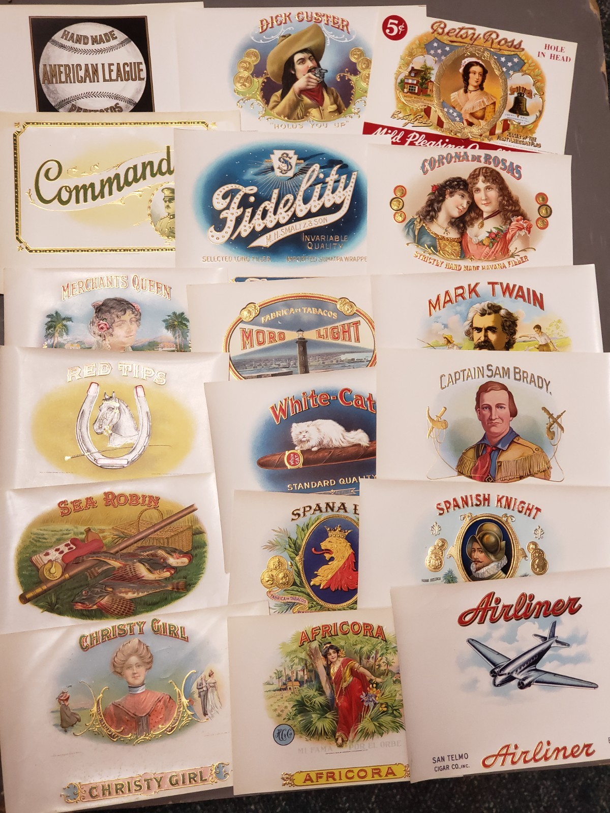 Vtg Lot 18 Early 1900s Cigar Box Labels - Custer, Twain, Corona, Africora, More