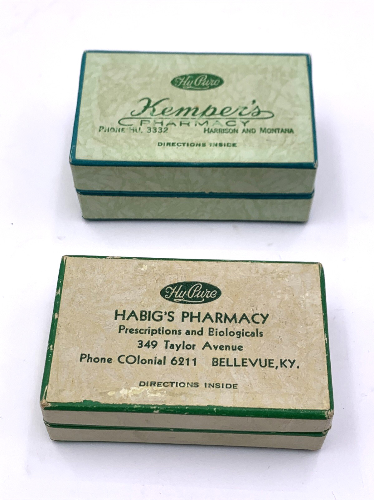 Two 1940s 1950s Prescription Pill Medicine Box Habit’s Kemper’s Pharmacy Hy-Pure
