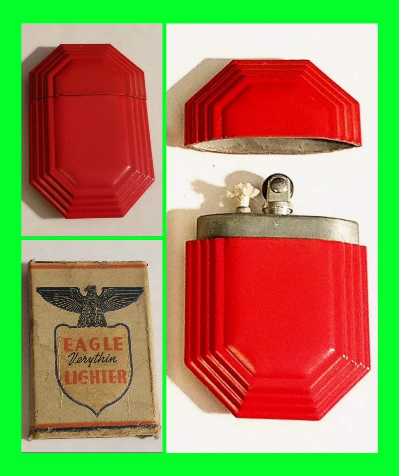 Unfired Octagon WWII Era Very Thin Red Enamel Petrol Lighter With Original Box 