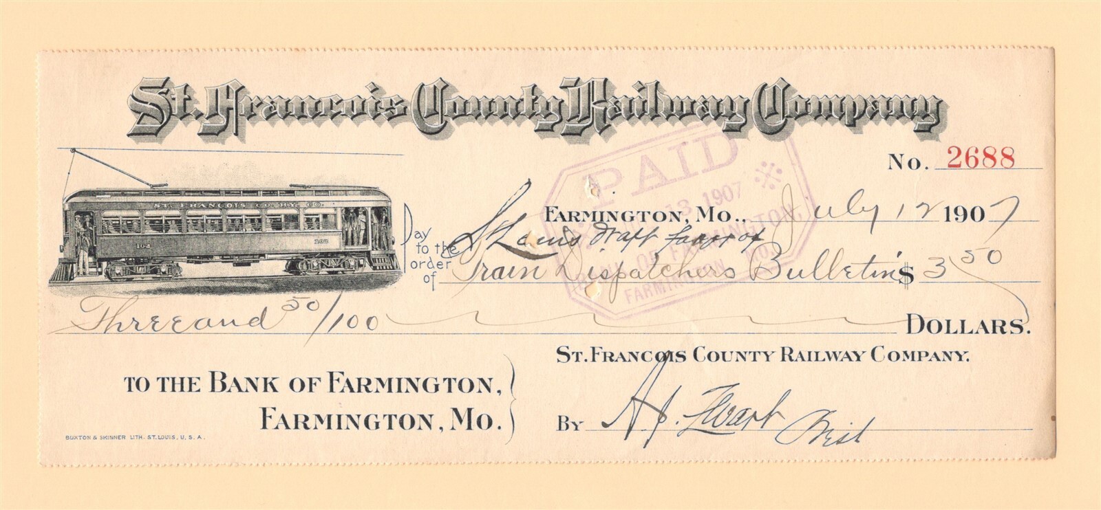 1907 ST FRANCOIS COUNTY RAILWAY COMPANY / BANK of FARMINGTON MO CHECK STREET CAR