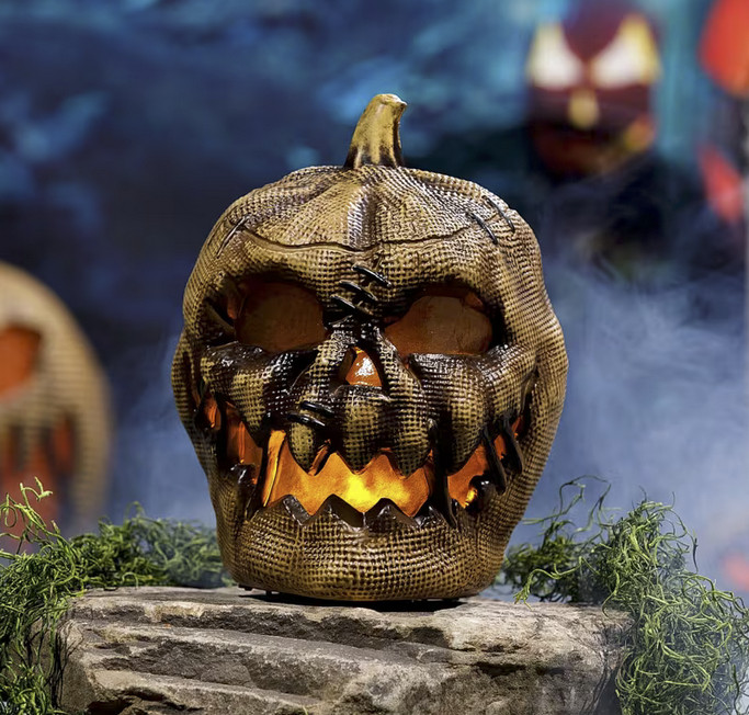 10in Animated Flaming Pumpkin Burlap Jack O Lantern Halloween Prop Decoration