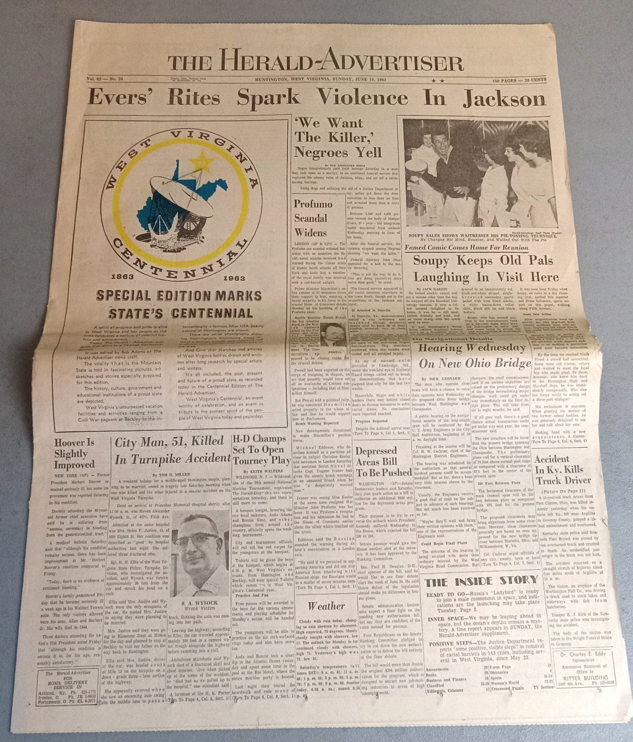 THE HERALD ADVERTISER WV June 16, 1963 Newspaper EVERS\' RITES SPARK VIOLENCE