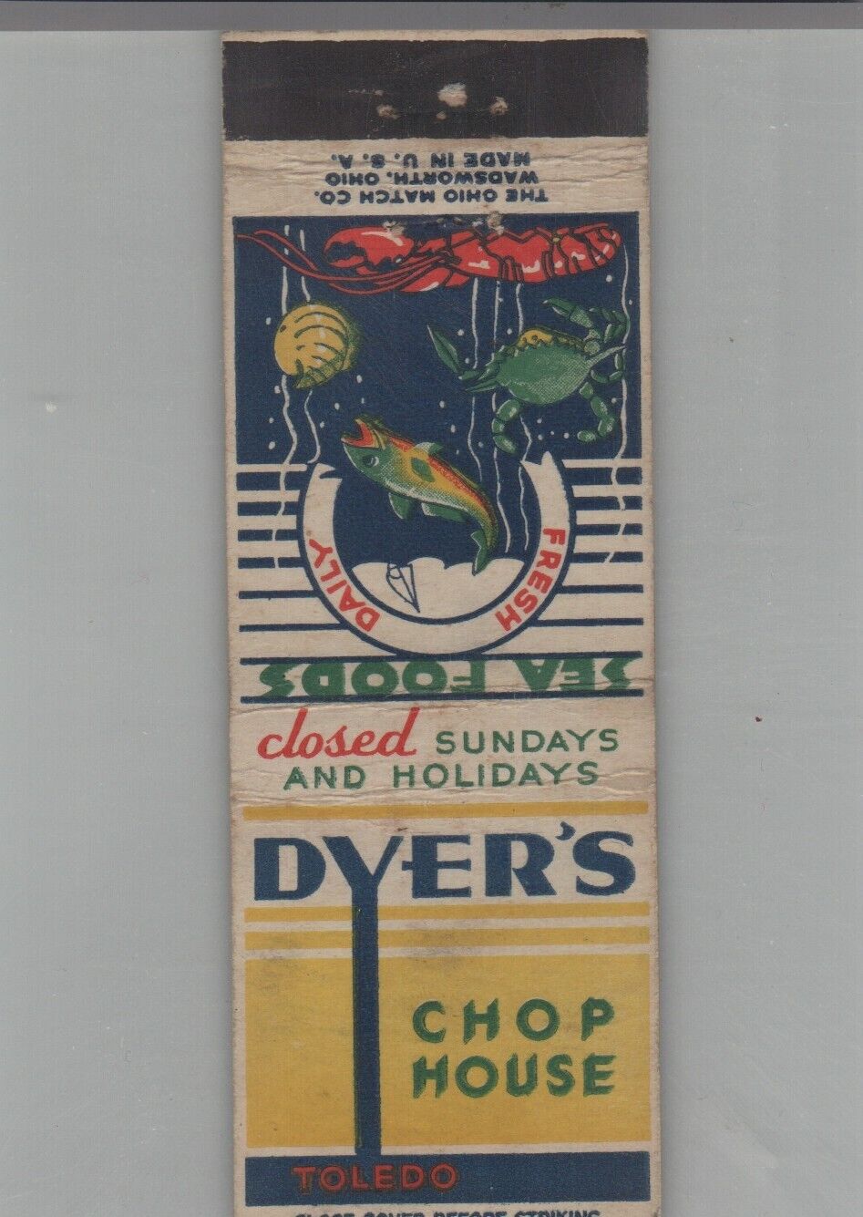 Matchbook Cover Crab Dyer\'s Chop House Toledo, OH