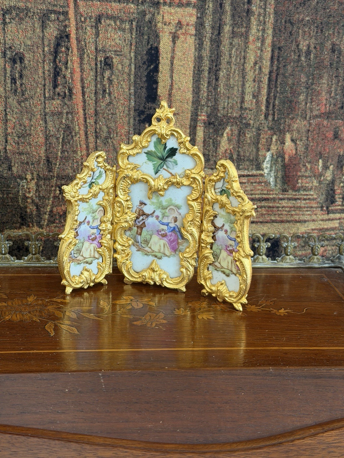 Antique Rococo Enamel & gilt bronze three-panel miniature folding screen.