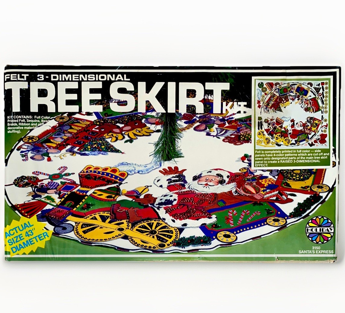 Vtg 70’s Christmas Sequin & Felt Tree Skirt Kit SANTA\'S EXPRESS Holiday Industry