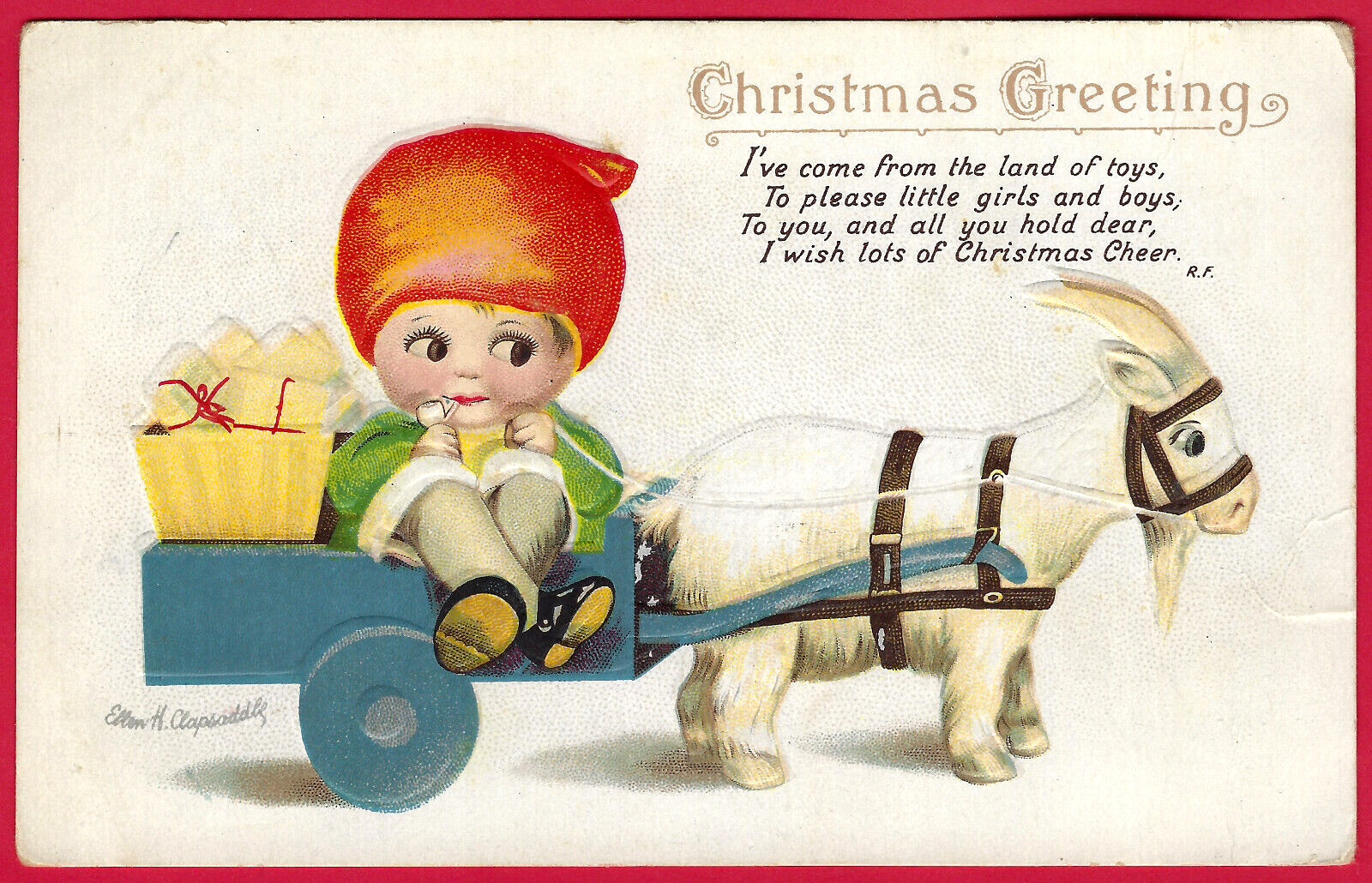 Vtg Clapsaddle Christmas Santa Googly Eyes Goat Cart Green Coat A/S Emb PC c1915