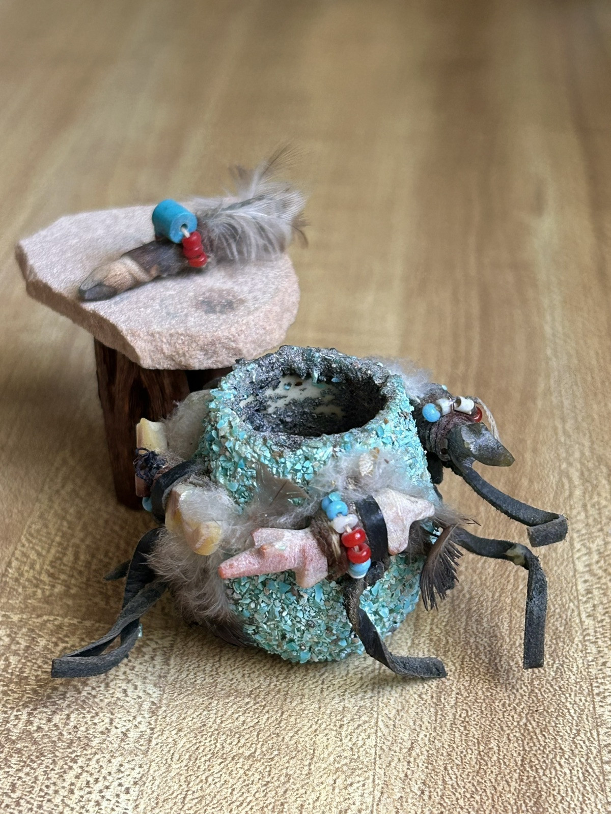 ZUNI TRIBAL Artisan TURQUOISE ENCRUSTED FETISH POTTERY BOWL, 2” Dia. -RARE FIND