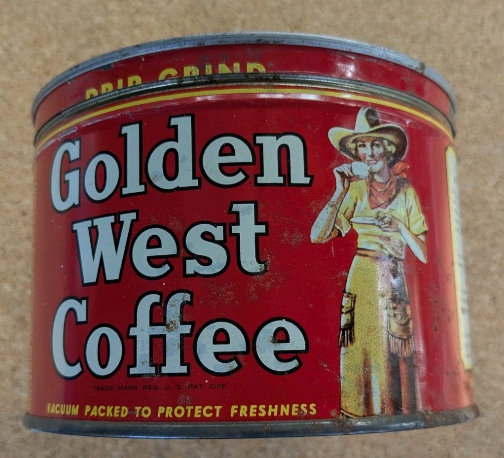 Vintage Golden West Coffee Drip Grind Cowgirl Portland Seattle SF LA Antique Tin