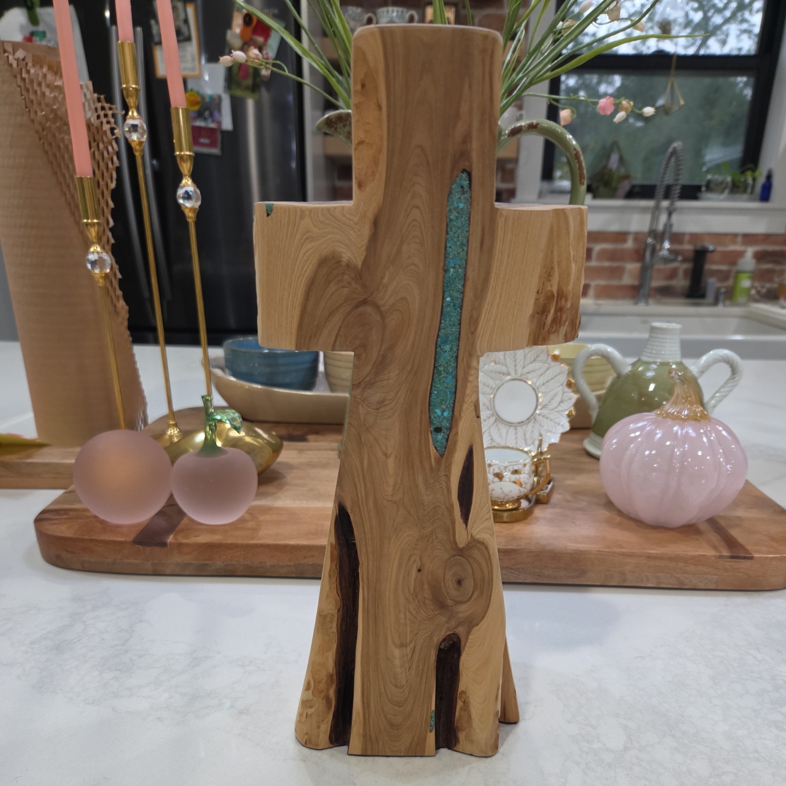 Handmade Juniper Wood Cross Resin Filled Turquoise Inlay Religious Home Decor 